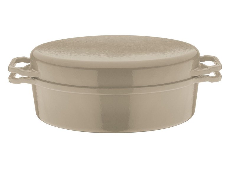 Une cocotte en fonte beige avec couvercle.