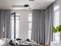 Rideaux gris dans une chambre moderne avec un lit et une plante.