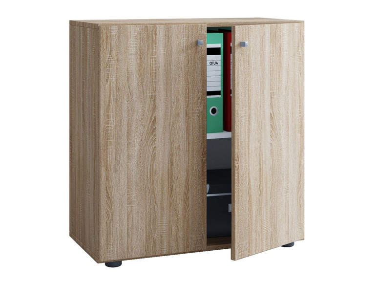 Armoire en bois avec une porte ouverte, contenant un classeur