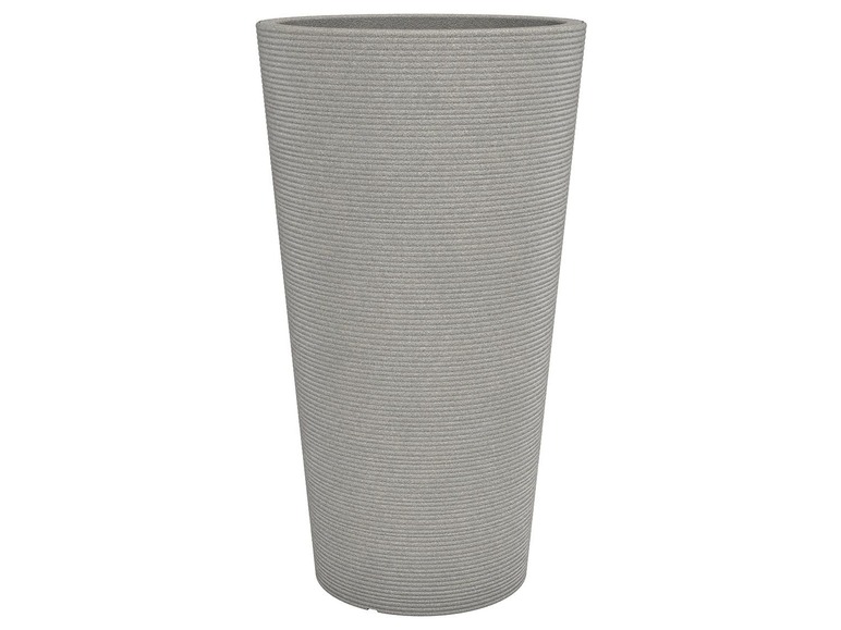 Grand pot de fleurs gris avec une surface striée.