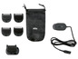 Accessoires de rasoir Braun : peignes, sac de rangement et chargeur.