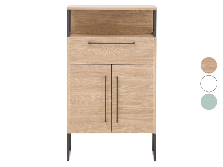 Une armoire en bois avec deux portes, un tiroir et une étagère ouverte.
