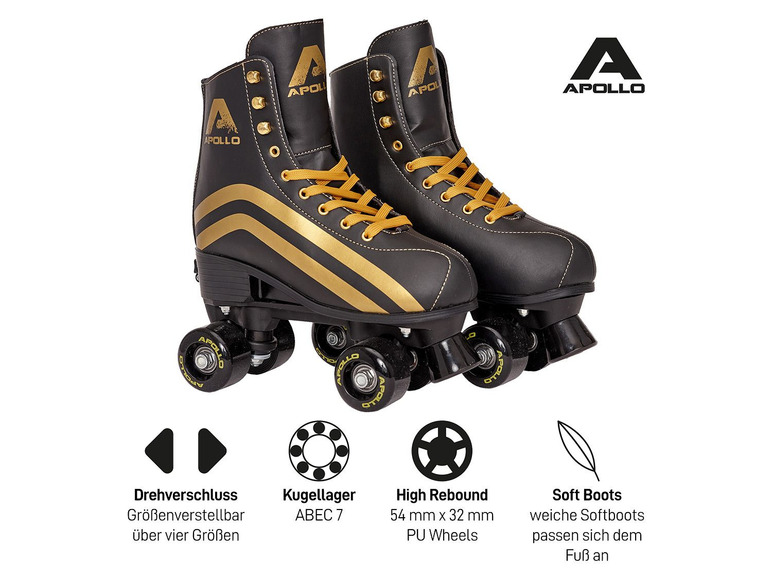 Patins à roulettes quad Apollo noirs avec des accents dorés.