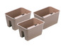 Trois pots suspendus marrons avec un motif tressé.