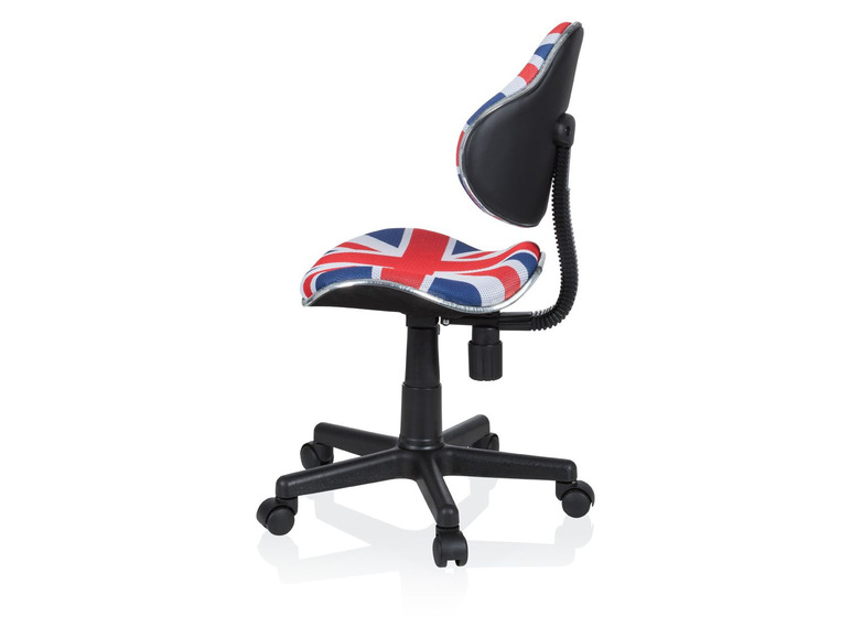 Une chaise de bureau noire avec un revêtement Union Jack.