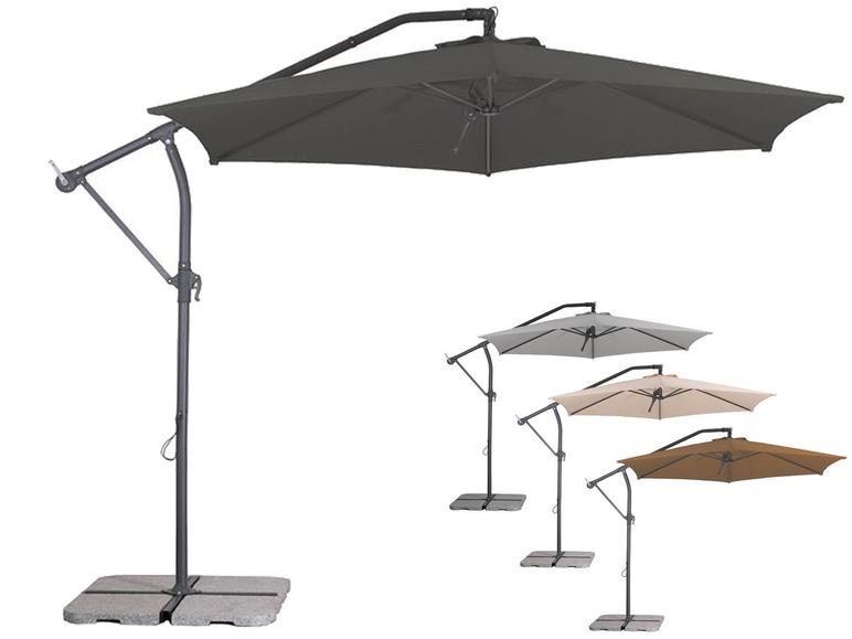 Un parasol suspendu gris avec un bras réglable, disponible en plusieurs couleurs.