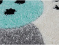 Un tapis moelleux en turquoise, blanc et gris avec des points.