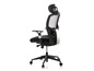 Un fauteuil de bureau noir avec dossier en mesh, accoudoirs et roulettes.