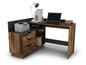 Un bureau en bois avec une imprimante, un ordinateur portable et des tiroirs.