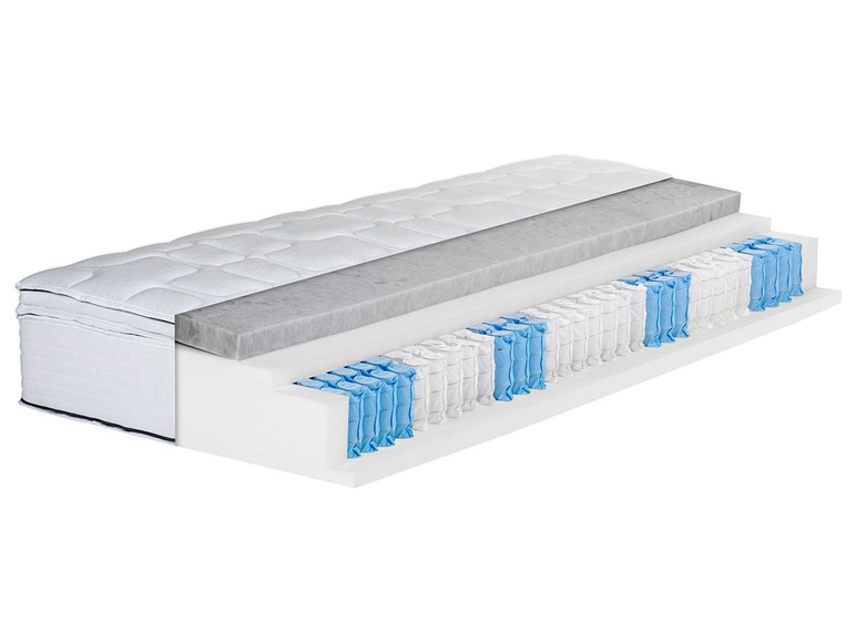 Une coupe transversale d'un matelas à ressorts ensachés et une couche de mousse à mémoire de forme.