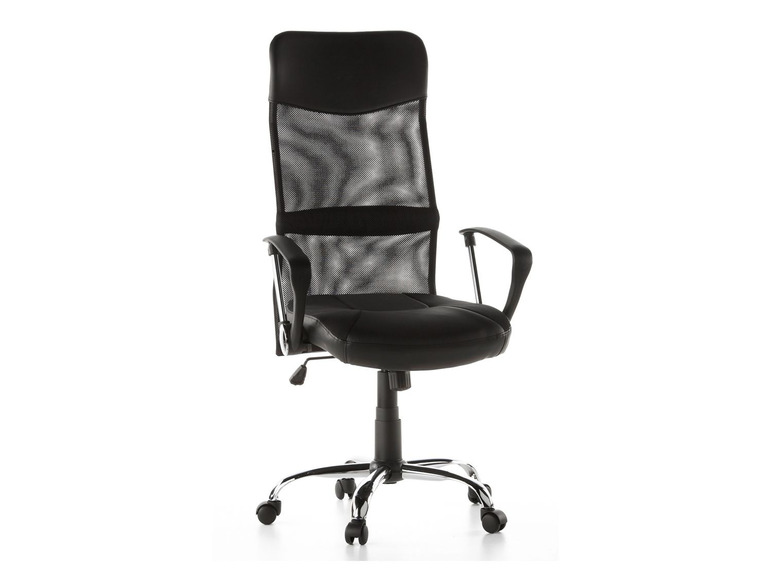 Chaise de bureau noire avec dossier en maille et roulettes.