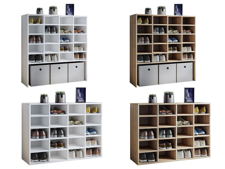 Étagères à chaussures blanches et en bois avec différents types de chaussures.