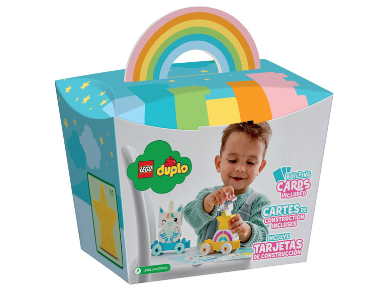 Boîte LEGO Duplo avec une licorne et une voiture, comprenant des cartes de construction.