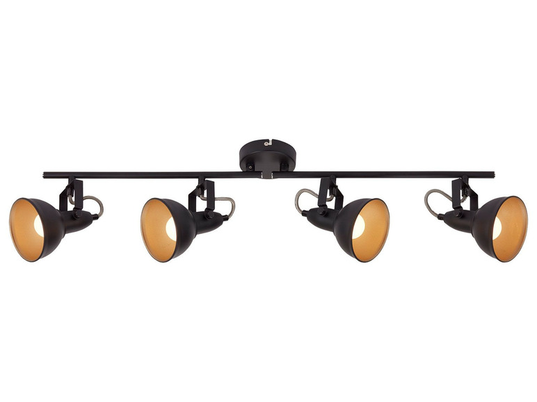 Plafonnier noir avec quatre spots orientables.