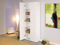 Une armoire blanche avec des portes, des étagères et des boîtes de rangement.