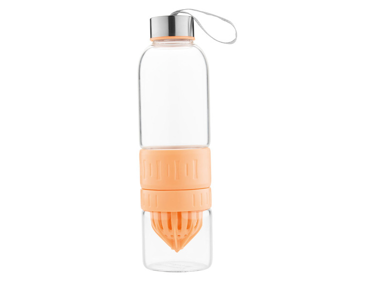 Bouteille d'eau en verre avec filtre à agrumes et sangle.