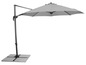 Un parasol gris avec un mécanisme inclinable et un pied carré.