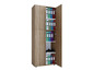 Une armoire en bois avec des portes ouvertes, remplie de classeurs et de chaussures.