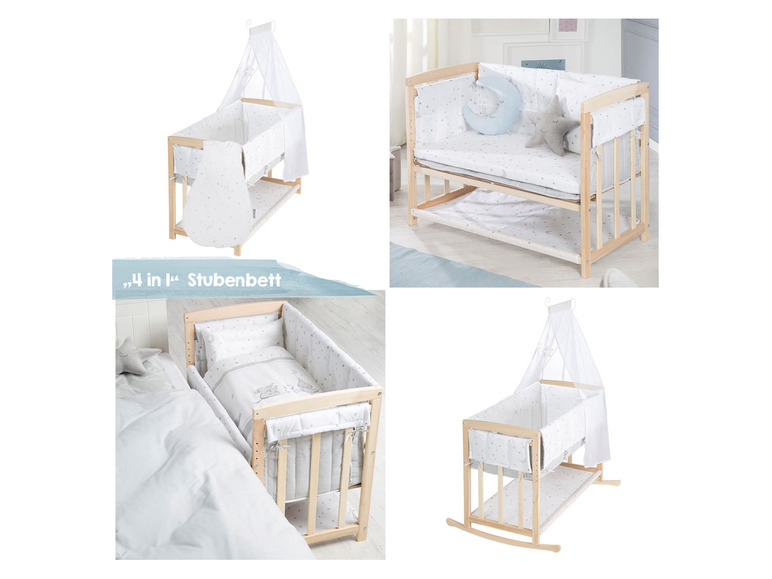 Un berceau en bois avec une fonction de balancement, un lit fixe et la possibilité de l'attacher à un lit d'adulte.