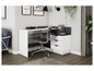 Un bureau blanc avec un tiroir gris, une chaise de bureau noire et un organiseur en métal.