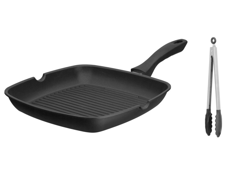 Une poêle à griller noire et une pince avec des poignées en silicone
