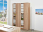 Une armoire en bois avec des portes coulissantes pour organiser des dossiers et des classeurs.
