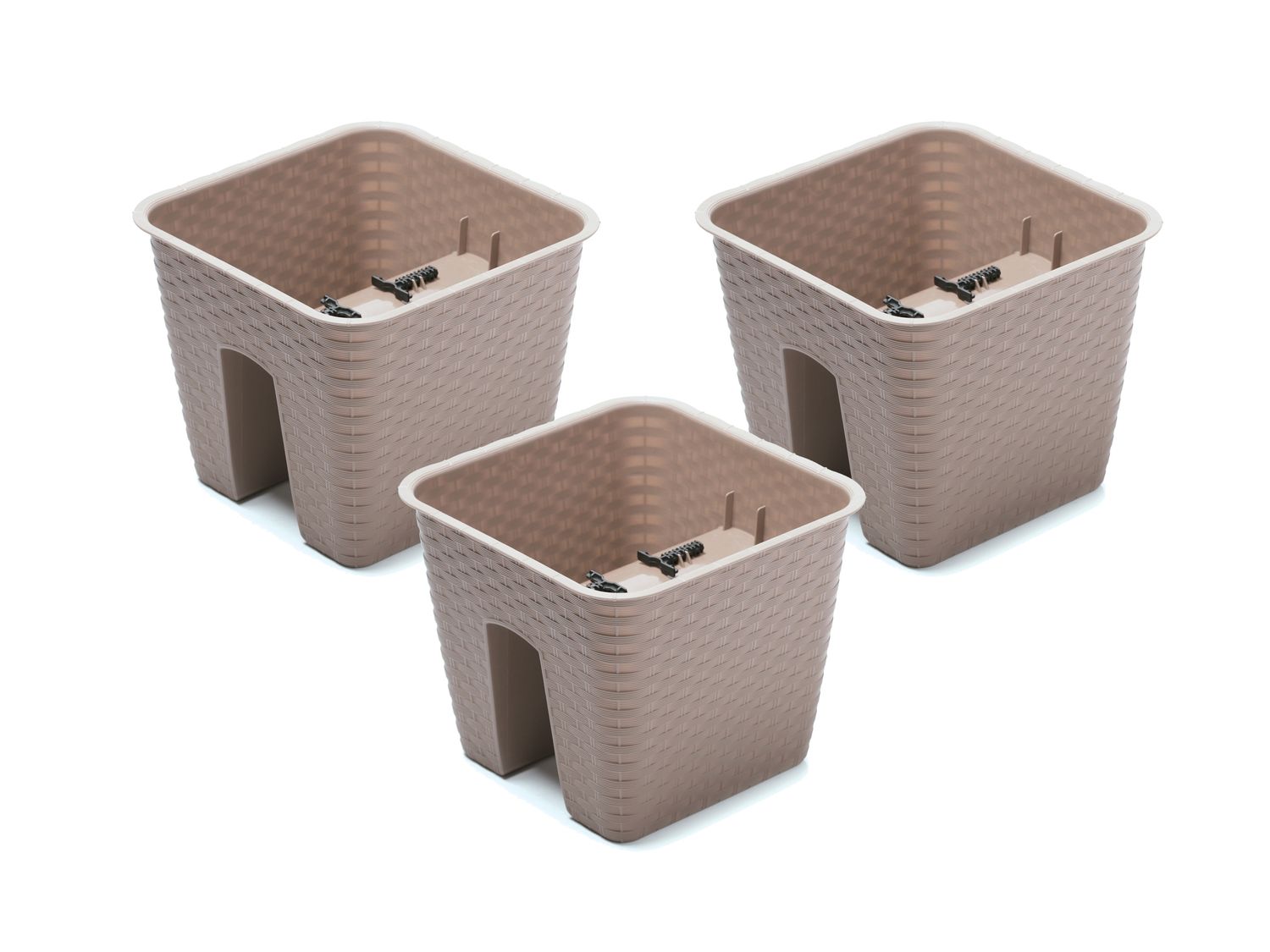 PROSPERPLAST, Jardinière de balcon « Ratolla Railing » aspect rotin, lot de 3 (Carré, 272x272x225 mm, mocca)