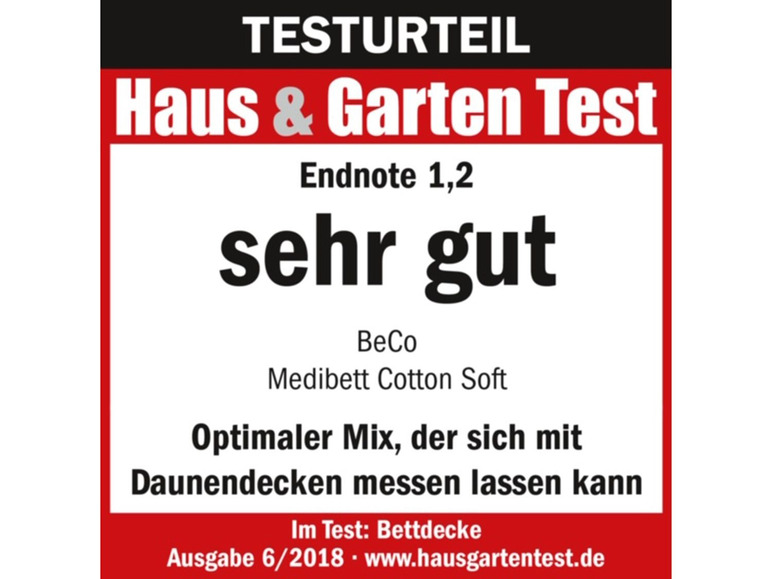 Résultat du test pour une couette BeCo Medibett Cotton Soft, jugée 'très bien' par Haus & Garten Test.