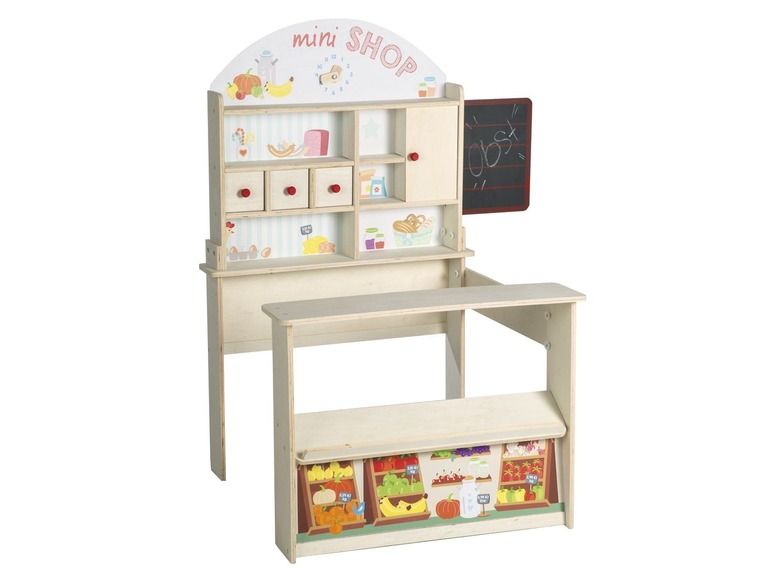 Un magasin de jouets en bois avec des fruits et légumes, une horloge et un tableau.