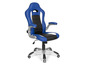 Un fauteuil de jeu bleu avec des détails argentés.