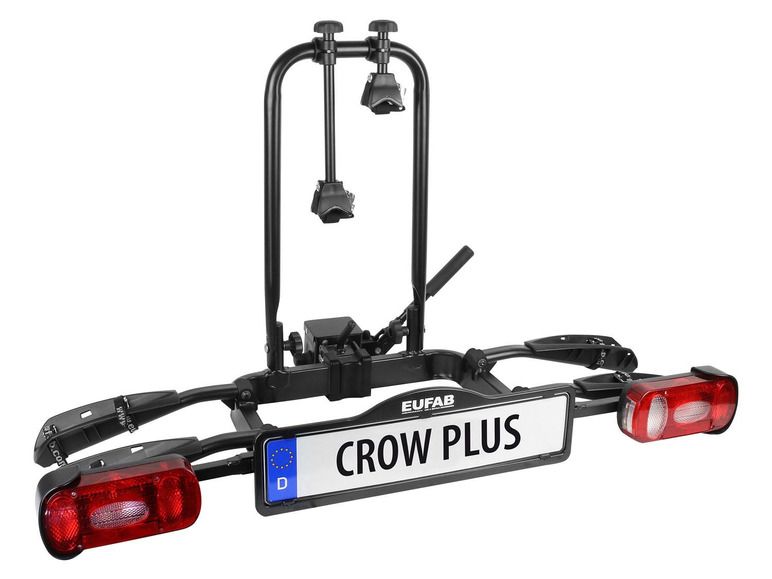 Un porte-vélos noir avec une plaque Eufab Crow Plus.