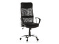 Chaise de bureau noire avec dossier en maille et roulettes.