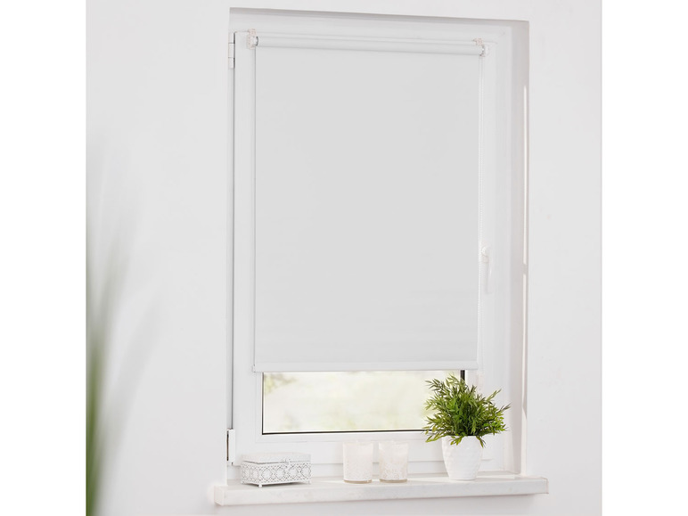 Un store enrouleur blanc dans une fenêtre avec une décoration sur le rebord de la fenêtre.