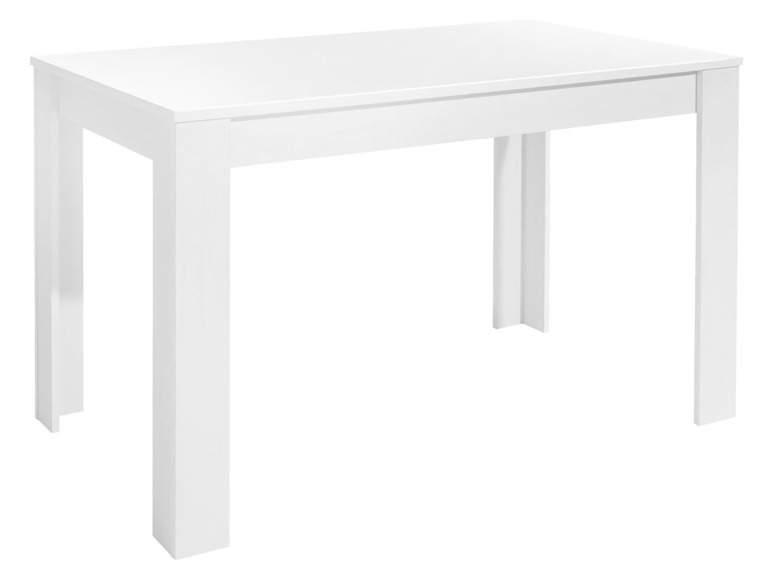 Une table à manger blanche avec un plateau rectangulaire.