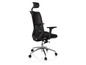 Un fauteuil de bureau noir avec un dossier en maille et un appui-tête.