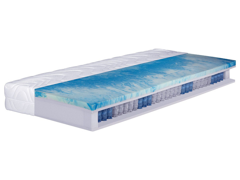 Une coupe transversale d'un matelas à ressorts ensachés et un dessus bleu.
