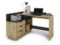 Un bureau en bois avec une imprimante, un ordinateur portable et un espace de rangement.