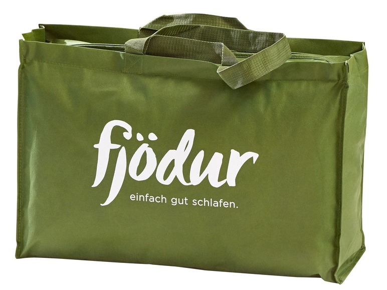 Sac Fjodor vert avec le texte 'simplement bien dormir'.