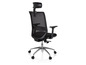 Un fauteuil de bureau noir avec un dossier en mesh et un appui-tête.