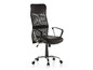 Un fauteuil de bureau noir avec un dossier en maille et des accoudoirs.