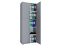 Armoire grise avec deux portes et des étagères remplies de classeurs colorés.