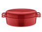 Une cocotte en fonte rouge avec couvercle.