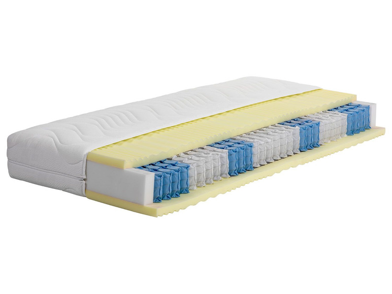 Une coupe transversale d'un matelas à ressorts ensachés, de mousse et d'un dessus.