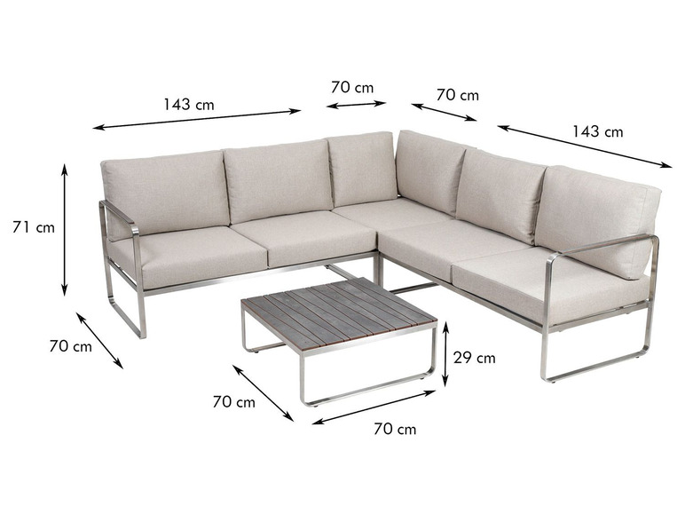 Un canapé d'angle avec une table basse, tous deux en acier.