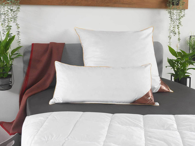 Deux oreillers blancs sur un lit avec une couette.