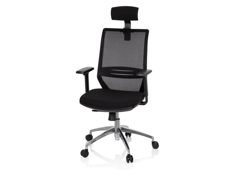 Un fauteuil de bureau noir avec un dossier en mesh et un appui-tête.