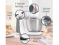 Robot de cuisine Bosch avec 7 vitesses, protection anti-éclaboussures et pieds ventouses.
