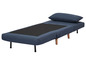 Un canapé-lit bleu foncé avec un coussin et des pieds en bois.