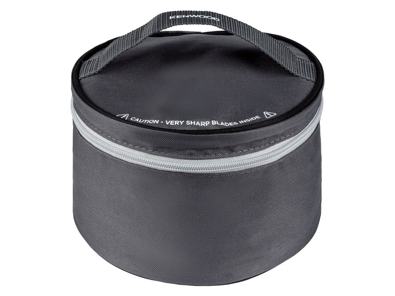 Un sac de rangement gris pour les appareils de cuisine Kenwood avec l'avertissement 'Lames tranchantes'