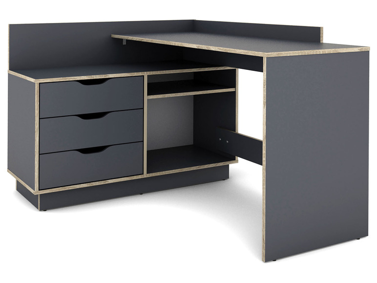Un bureau d'angle gris foncé avec trois tiroirs et une étagère ouverte.